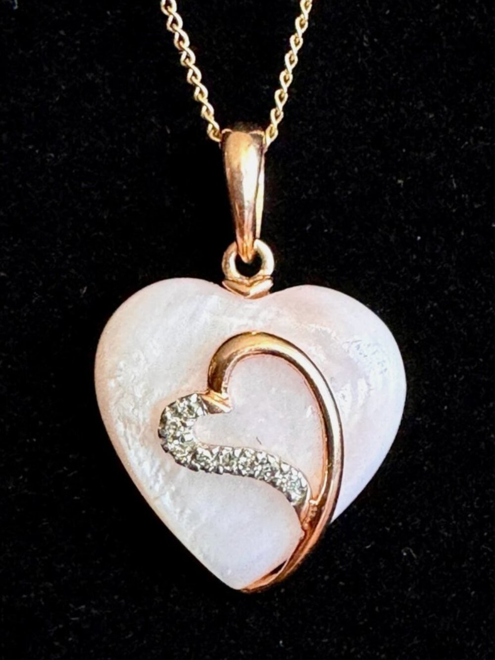 10K Yellow Gold Samuel Aaron Pink Mother of Pearl Diamond Heart 18" Necklace THL